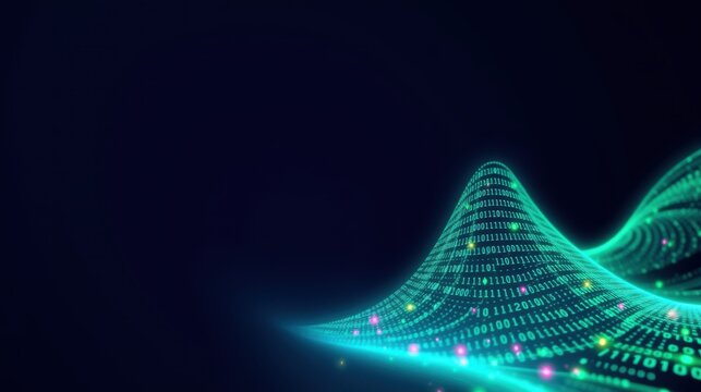 Abstract digital wave composed binary code. Futuristic glowing lines create dynamic visual effect. Dark background emphasizes bright data stream.