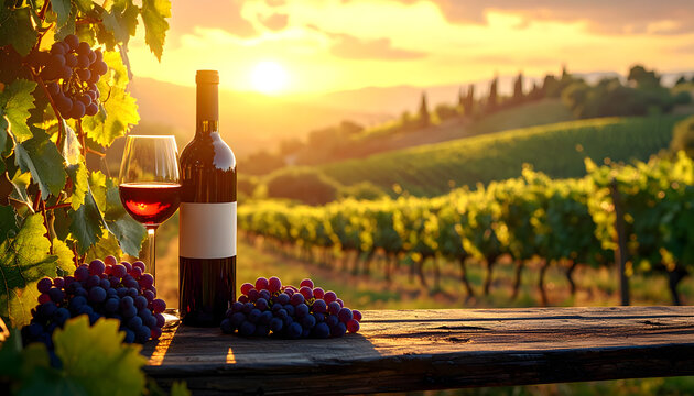 Tuscany vineyard at golden hour featuring a rustic table with chianti wine and purple grapes in a romantic oil painting style generative AI