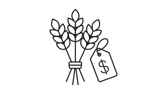 Wheat Bushel with Price Tag Editable Stroke Vector Icon. Minimalist black line illustration representing commodities market, agricultural trade, grain prices, and food economy on white.
