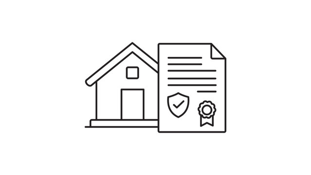 Estate Planning and Home Insurance Vector Icon Illustration with Editable Stroke; Minimalist Line Art of a House and Legal Document with Shield and Seal for Property Protection and Real Estate.