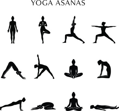 Set of black yoga asanas silhouettes showing different exercise poses for fitness training and healthy lifestyle