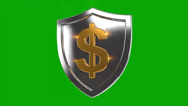 Metallic shield with gold dollar sign centered on bright green background, symbolizing financial protection, security, safeguarding wealth, and investment stability.