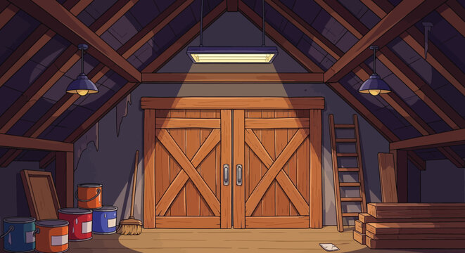 A rustic attic space features wooden beams a large double door and various stored items
