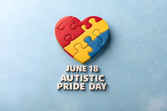 Heart shaped puzzle piece design representing the symbolic awareness and collective celebration for autistic pride day occurring annually on june eighteenth to highlight neurodiversity and promote acc