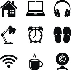 Fototapeta premium Set of simple black icons for home office lifestyle featuring house laptop headphones lamp alarm clock slippers wifi signal coffee cup and webcam