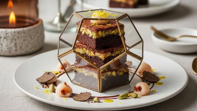 Gourmet chocolate pistachio brownies served inside a geometric glass display case on a white plate