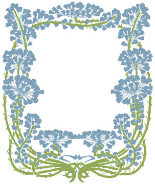 Vintage Blue Floral Frame, Cornflower Art Nouveau Border, Elegant Botanical PNG