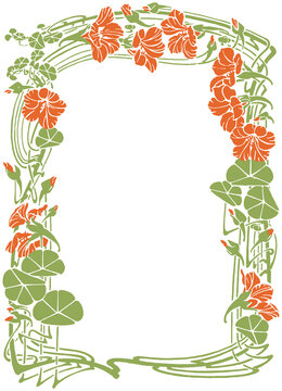 Vintage Orange Floral Frame, Nasturtium Art Nouveau Border, Decorative Botanical PNG