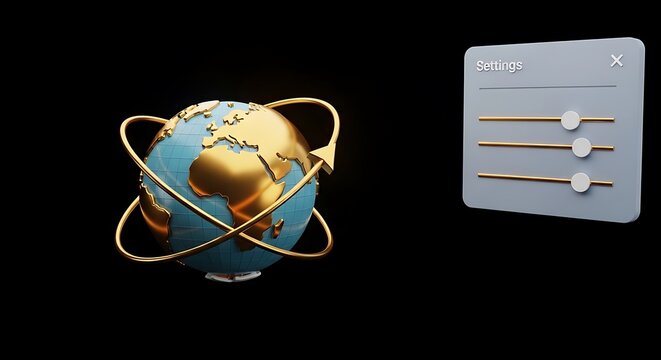 A 3D globe with orbiting arrow and a settings panel on black