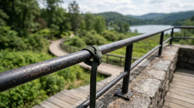 Leash fastened to railing overlooking scenic lakeside path  