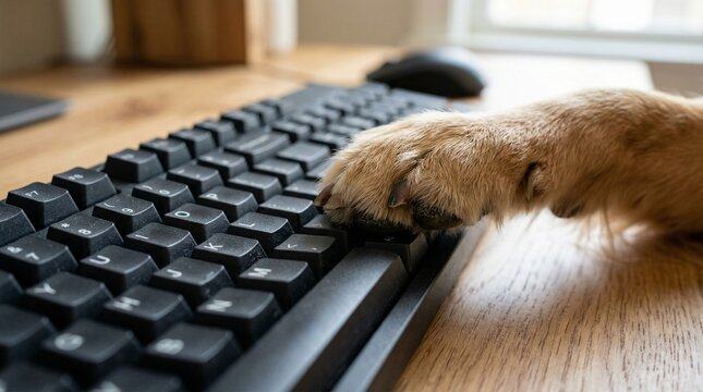 Dog paw pressing keys on black keyboard in home office setting  