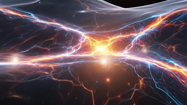 Cosmic cloudscape with streaks of orange and blue, a distant galaxy, & dark space backdrop