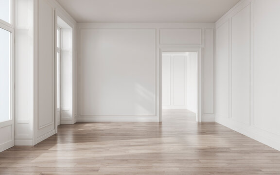 Bright classic empty room with white wall mockup, elegant interior and wooden floor, 3d rendering