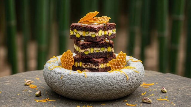 Stack of gourmet chocolate pistachio brownies topped with honeycomb and drizzled with honey in a stone bowl