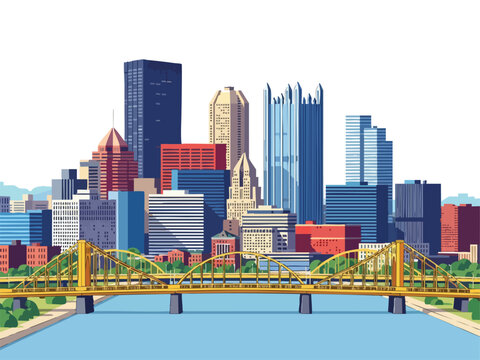 Vibrant vector illustration of the Pittsburgh Pennsylvania city skyline featuring yellow bridges and a blue river.