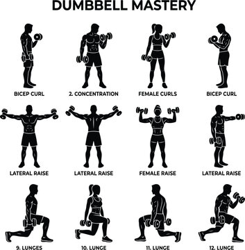 Set of human silhouette figures performing dumbbell exercise routines including bicep curls lateral raises and lunges for fitness training guide