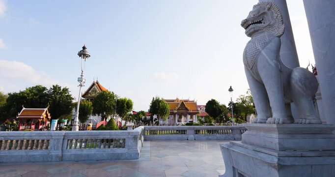 Wat Benchamabophit the Marble Temple sunset light the impressive and orderly traditional Thai architecture. Bangkok Thailand