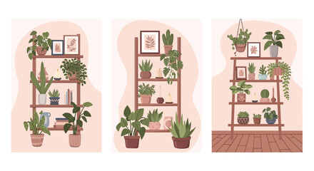 A set of three illustrations depicting wooden bookshelves filled with various potted plants and decorative objects © grvect02