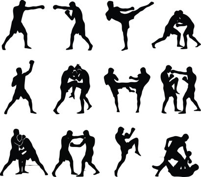 Set of black silhouettes of martial arts fighters doing boxing kickboxing and mixed martial arts moves in various action poses