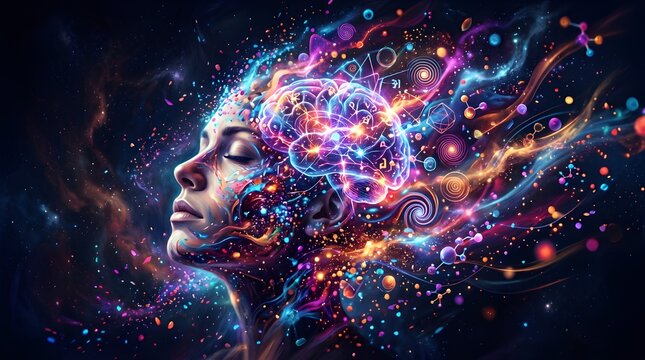 Vibrant abstract illustration of a human head with colorful energy explosion representing creativity and imagination