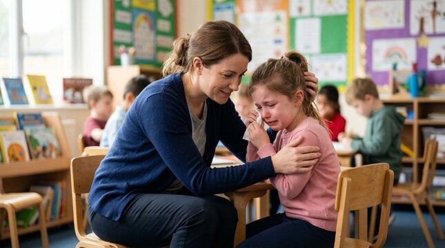 Teacher comforting crying girl in classroom during school day  