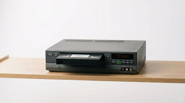 Vintage VHS player on wooden shelf against neutral backdrop  
