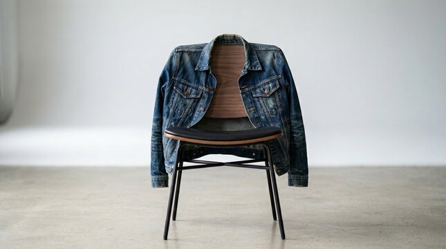 Vintage denim jacket displayed on wooden chair against neutral background  
