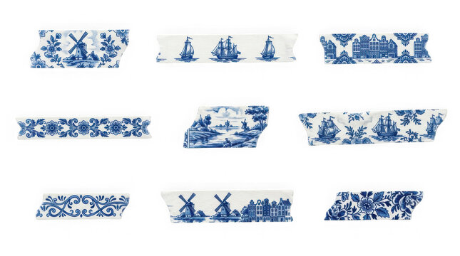 Blue ornate damask pattern washi tape, classic vintage masking tape strips for elegant wedding scrapbooking and royal theme designs, decorative adhesive tape set.