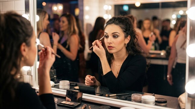 Young woman applying makeup in mirror at lively beauty salon  
