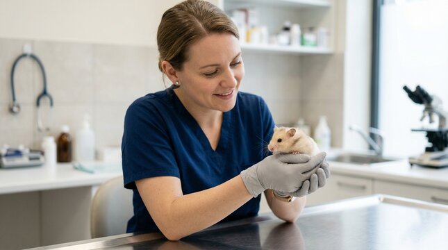 Veterinarian smiling while holding a hamster in clinic setting  