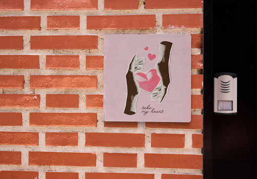 Mockup of a small square information panel next to the intercom at the entrance of a building