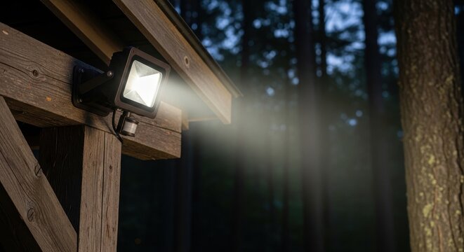 Rugged dark brown motion sensor floodlight illuminating a dark wooded outdoor area at night