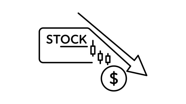 Short Selling and Stock Market Crash Minimalist Black Line Vector Icon Illustration with Downward Arrow, Dollar Coin, and Candlestick Chart on White Background, Features Editable Stroke.