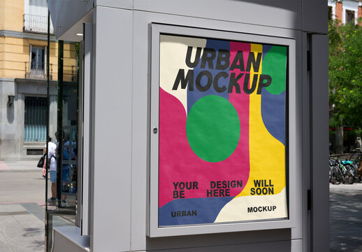 Mockup of a square panel in an urban kiosk in Madrid