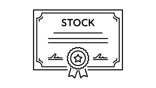 Minimalist Stock Certificate Black Line Vector Icon on White Background. Professional editable stroke vector illustration of a framed financial document with a star seal and signatures.