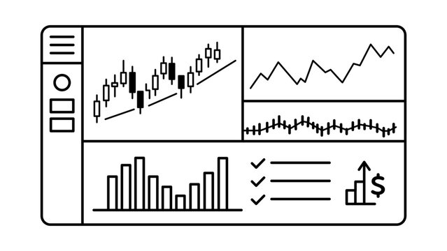 Financial Trading Dashboard Editable Stroke Vector Icon. Minimalist black line illustration of a multi-chart interface with candlestick, line, and bar graphs for stock market data analysis.