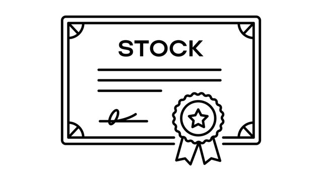 Stock Certificate Vector Icon with Editable Stroke; A Minimalist Black Line Illustration of a Framed Financial Document Featuring a Seal and Signature, Perfect for Business and Finance Design.