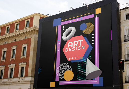 Mockup of a large format banner for advertising on a building facade in Madrid