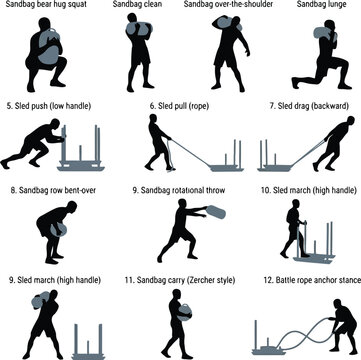 Set of silhouettes showing various functional fitness exercises with sandbags and weight sleds for strength and conditioning training