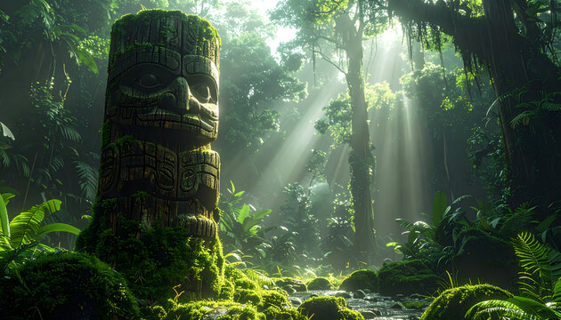 Totem pole carved with jaguars and eagles stands in a mossy jungle clearing with weathered wood textures and moody lighting generative AI