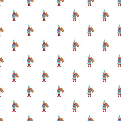 Fototapeta premium Repeating pattern of gnomes wearing blue attire and red boots, holding a wooden shield