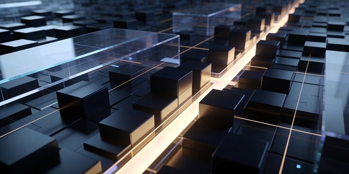 Abstract futuristic business technology header with luminous route, modular blocks, transparent layers and dark blue copy space for enterprise oversight background