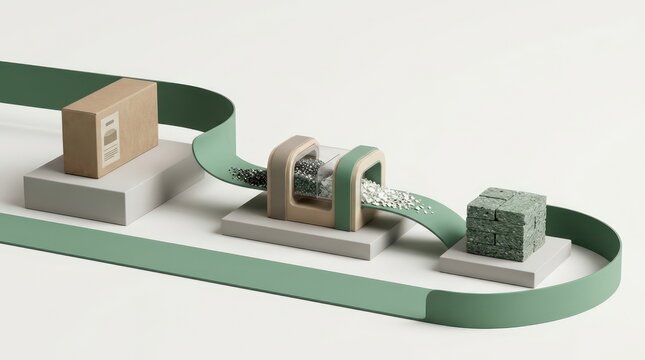 Sustainable material renewal process illustration with packaged product, sorting station, reused blocks, green ribbon path and clean copyspace background
