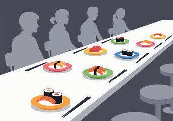 A sushi bar with plates of sushi and people in the background © Zetsu