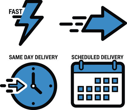 Delivery speed symbols represent fast shipping, same day delivery, and scheduled delivery options for efficient online order fulfillment and consumer satisfaction.