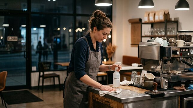 Barista cleaning countertop with cloth in cozy coffee shop  
