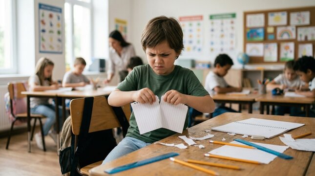Young boy looking angry while tearing paper in classroom setting  