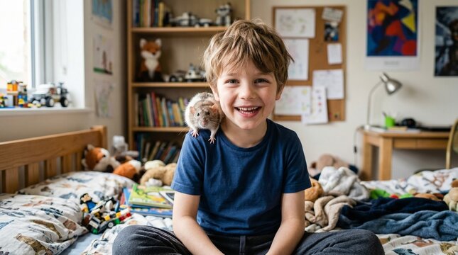 Boy smiling with pet hamster sitting on his shoulder in bedroom  