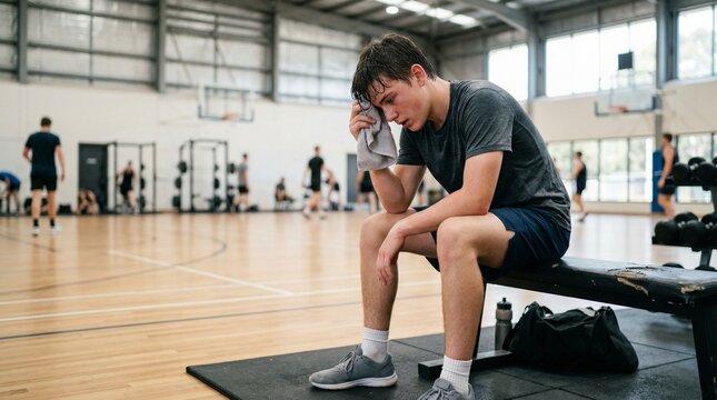 Young man resting after workout and wiping sweat in gym  