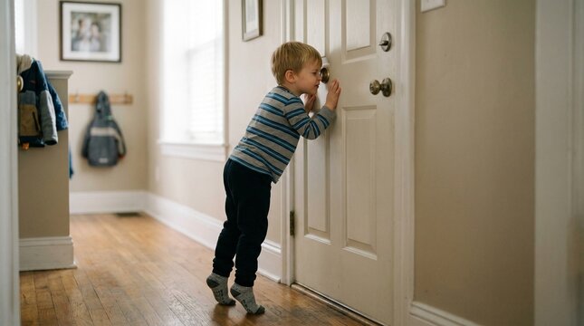 Young child peeking through door's keyhole in hallway at home  